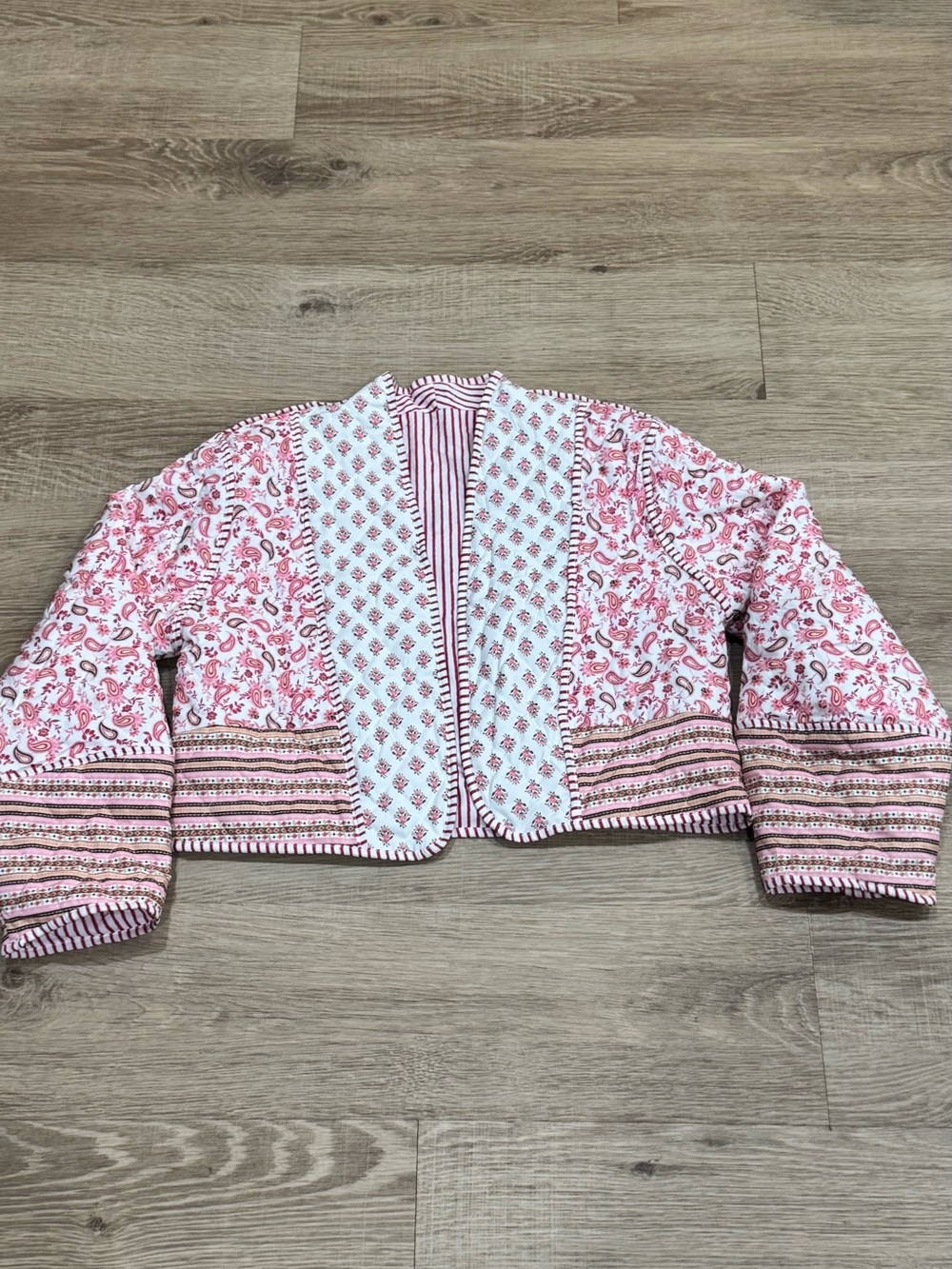 Patchwork Quilted Cropped Jacket Pink Floral Boho Cottagecore - Picture 2 of 7